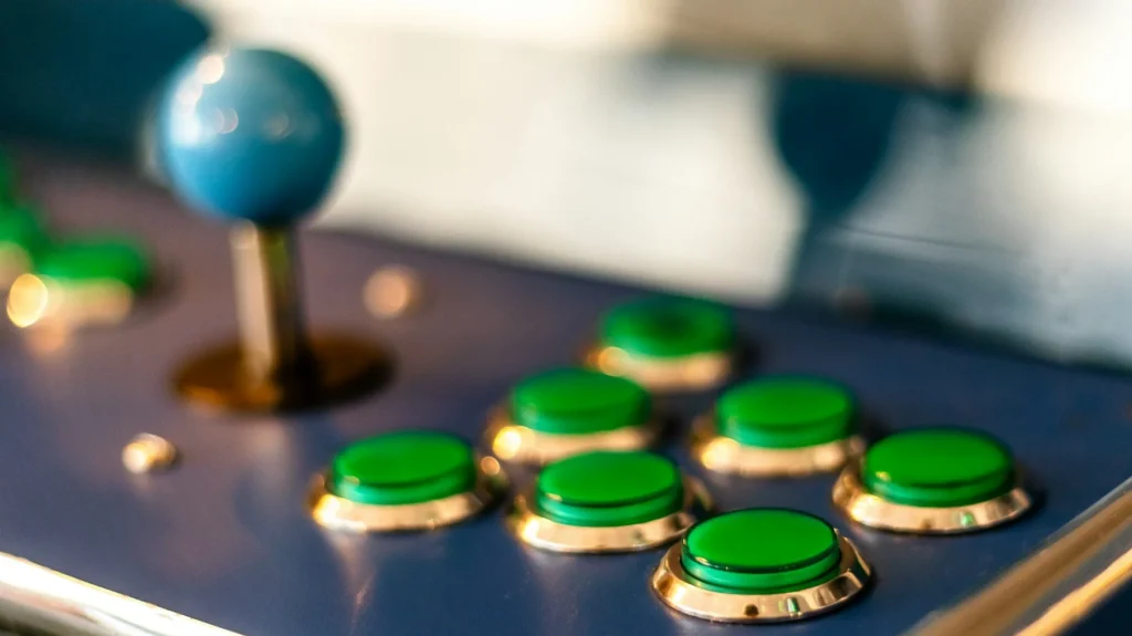 Dettaglio di joystick e pulsanti arcade verdi